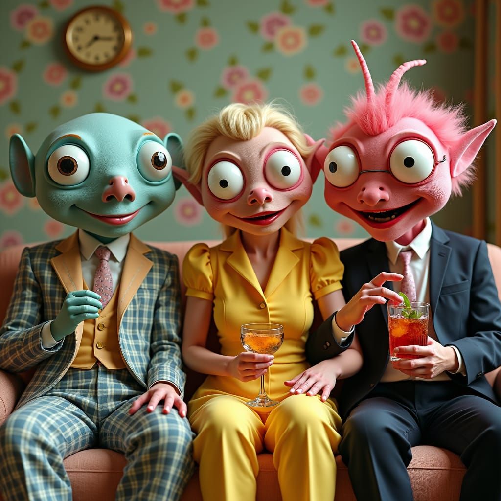 Surreal Cocktail Party with Aliens in Retro Dreamscape