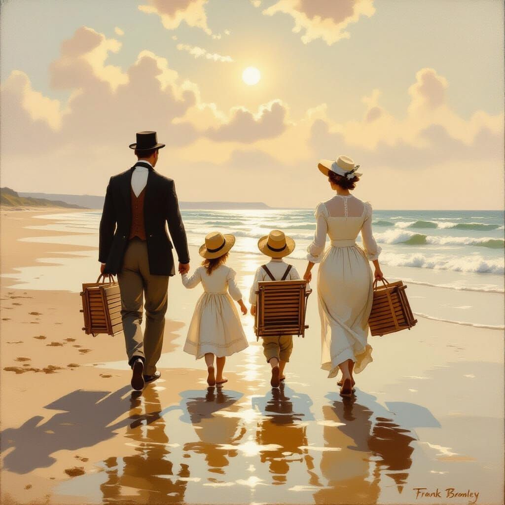 Victorian Family Stroll on Sandy Beach: Oil Painting