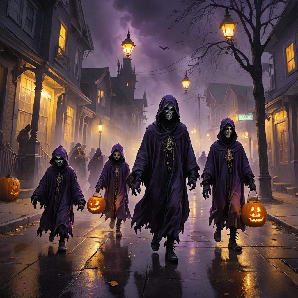 Ghosts Watching Halloween Trick-or-Treaters: Dark Fantasy Ar...