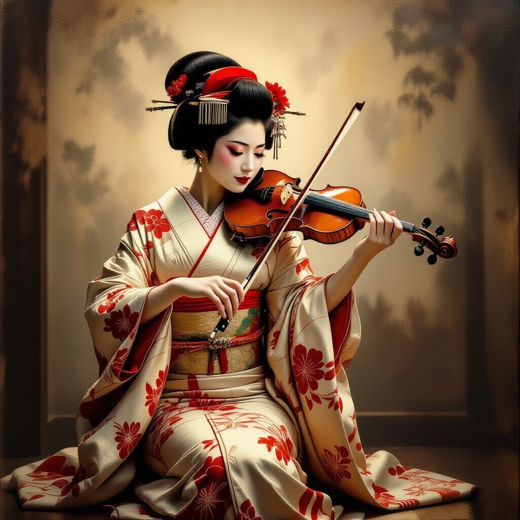 Geisha Plays Violin with Vintage Hollywood Glamour
