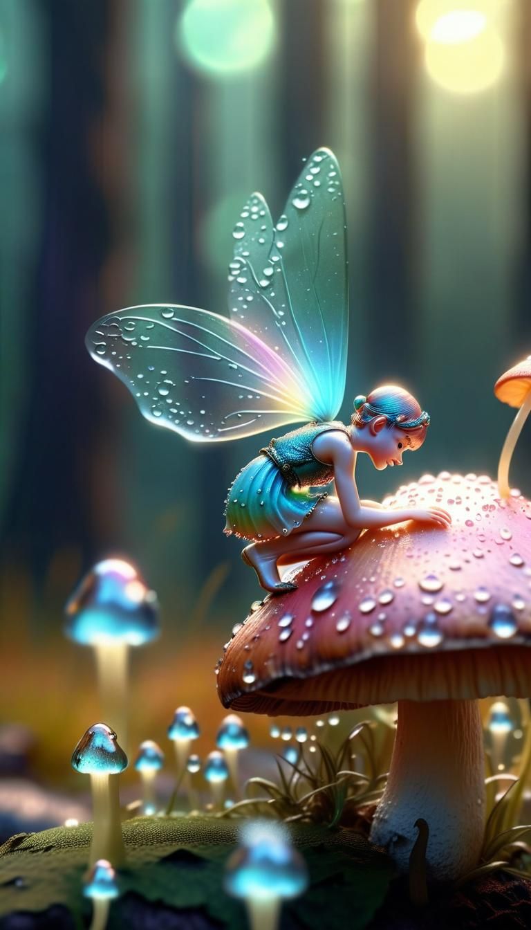 Fairy on Mushroom, Macro Photography in Morning Light