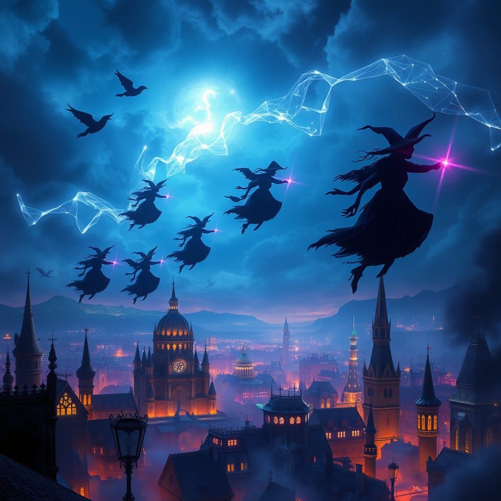 Witches Fly Over Fantastical City in Cinematic Digital Art