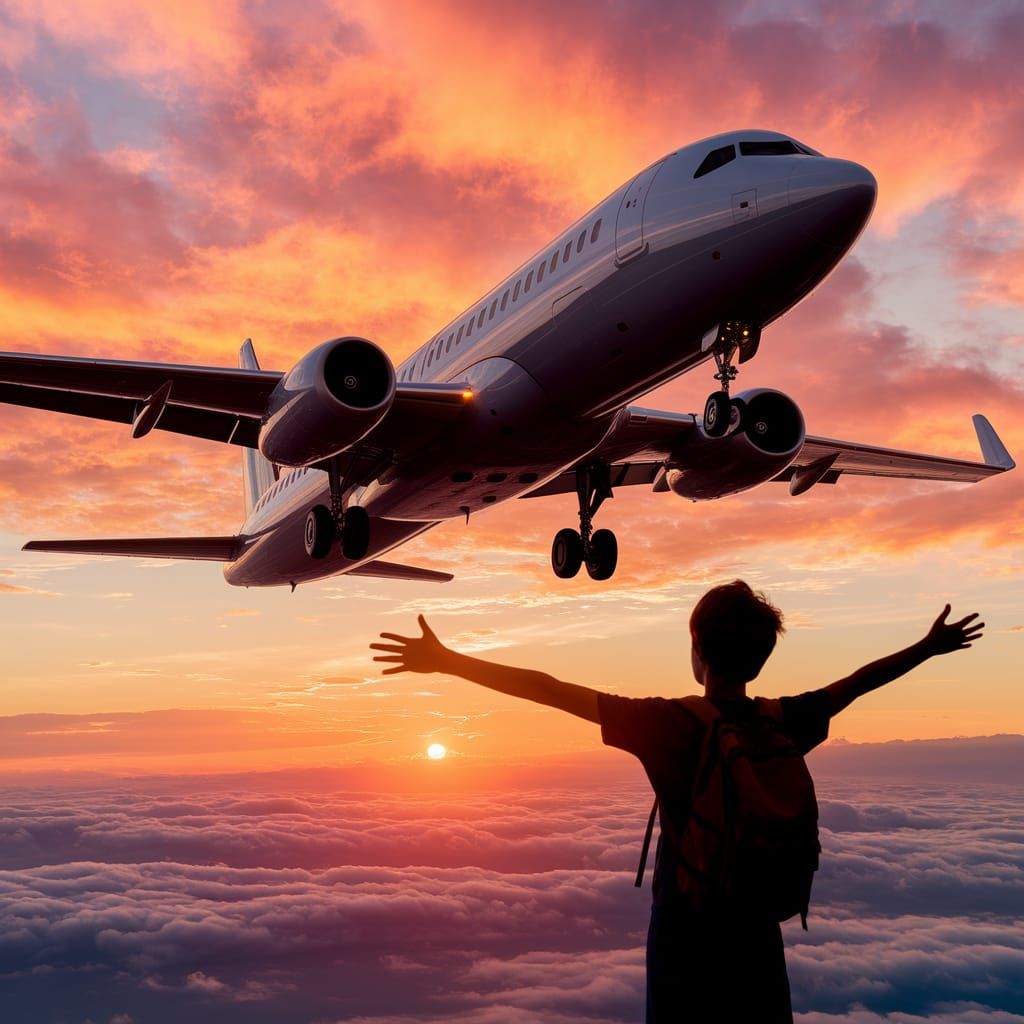 Sleek Airplane Takes Off into Breathtaking Sunset