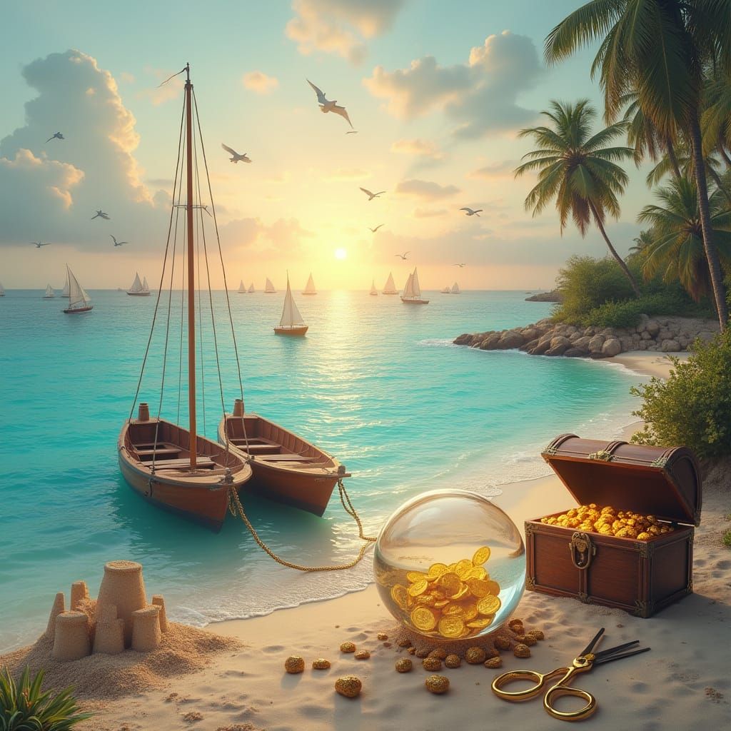 Boats at Sunset with Desert Island Treasures