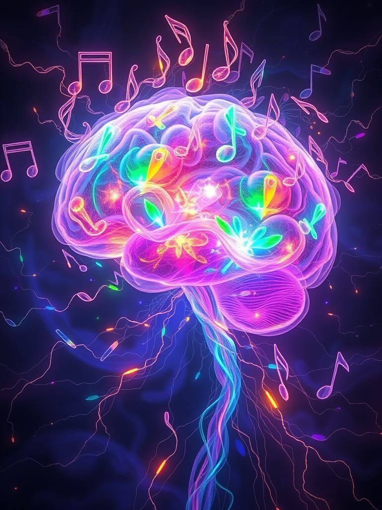 Bioluminescent Brain with Fractal Music Notes in Rainbow Win...
