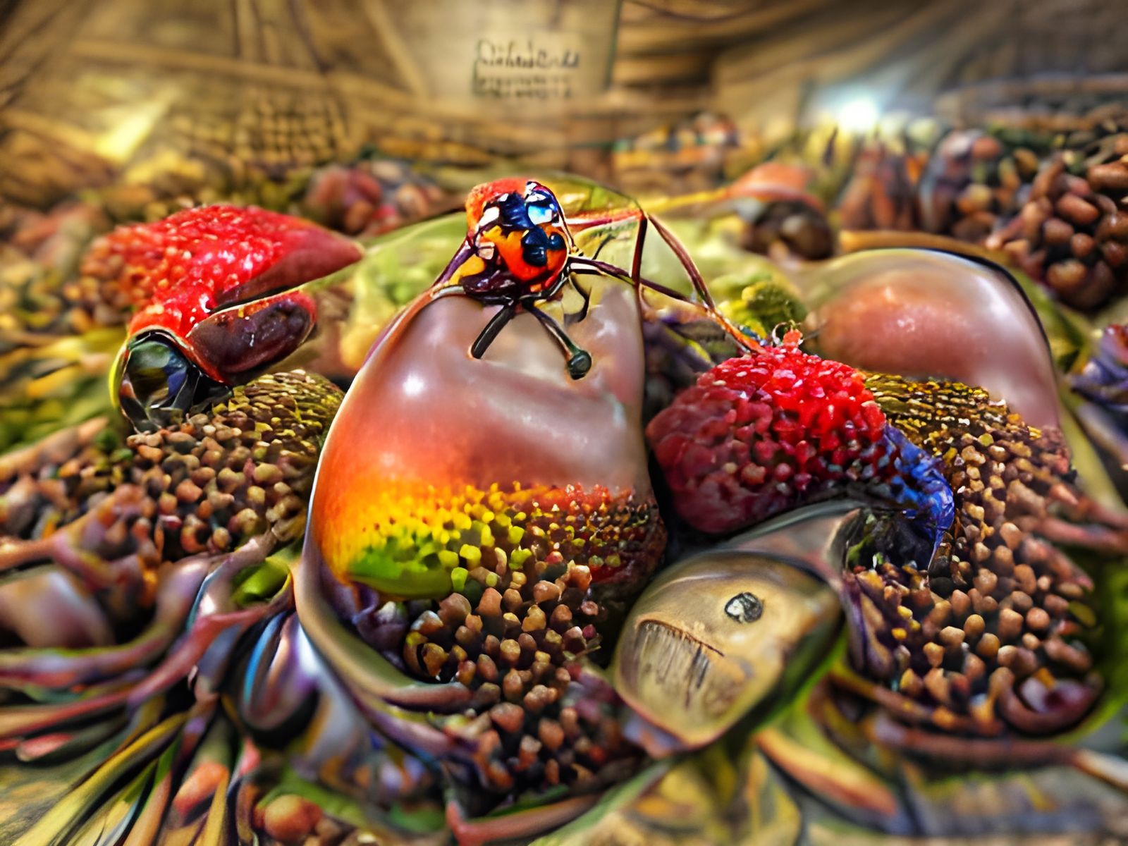 Surreal Ladybug-Spider Hybrid Devouring Tropical Feast