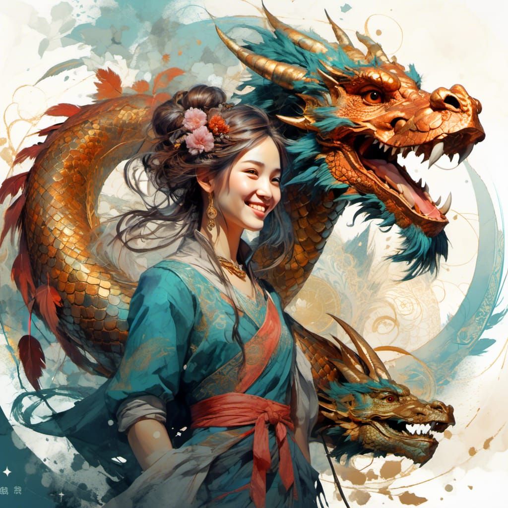 Woman and Dragon in Anime Style Watercolor