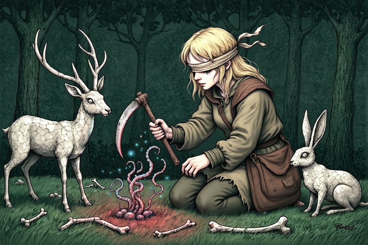 Dark Fantasy Herbalist With Sickle and Bag