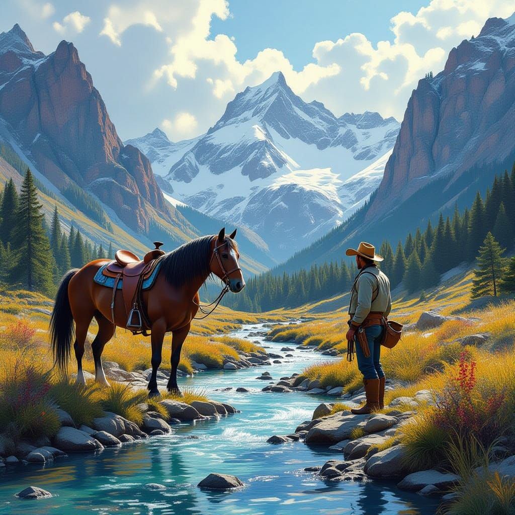 Wild Stallion and Cowboy by Mountain Stream: Vibrant Matte P...