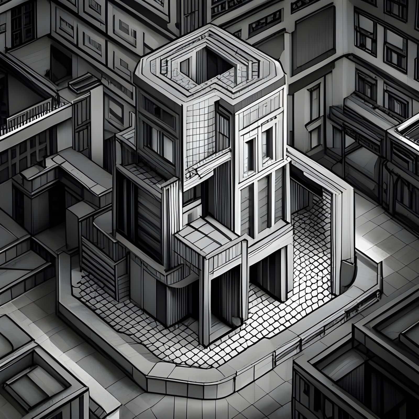 Escher-Style Black and White Humanoid Render