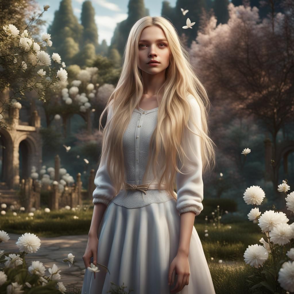Blond Girl in White Flower Garden: Digital Matte Painting