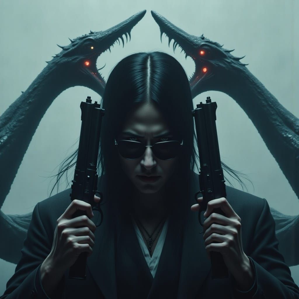 Dark Hero with Otherworldly Glow, Guns, and Serpentine Wings