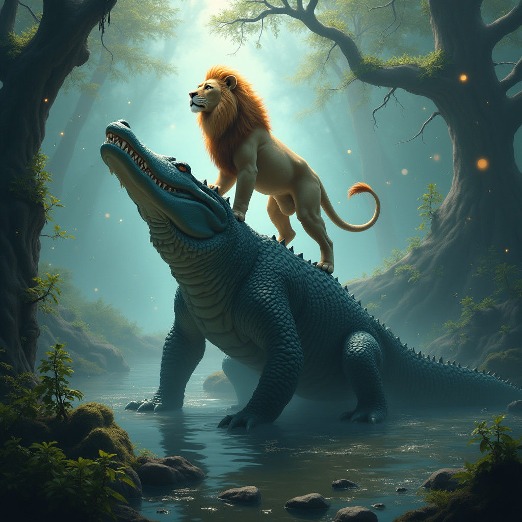 Lion Victorious on Crocodile in Dreamlike Landscape