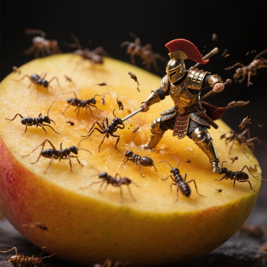 Miniature Warrior Fights Insects on Giant Mango