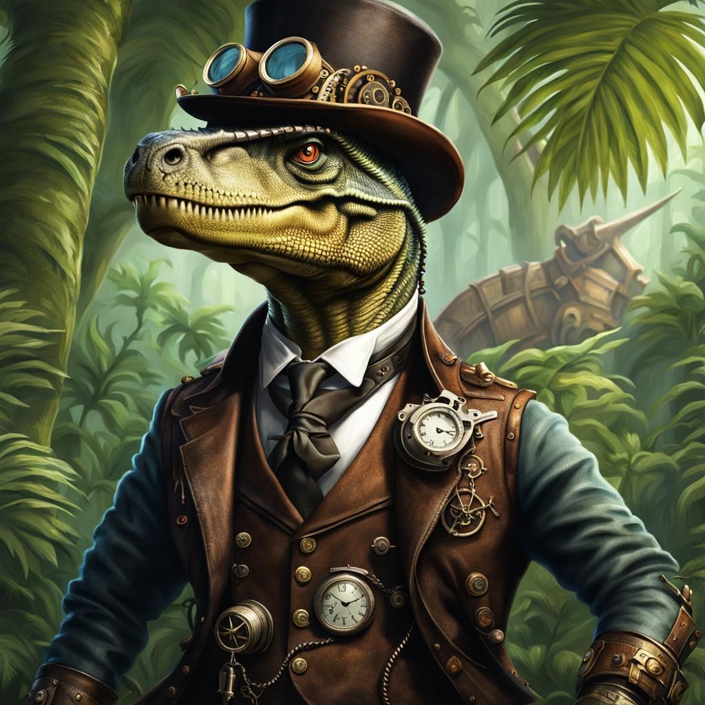 Steampunk Dinosaur in Jungle Scene
