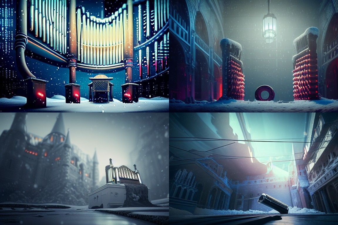 Cyberpunk Pipe Organ Castle Ruins in Snow