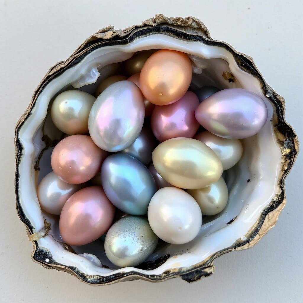 Rainbow Pearls in Half-Open Oyster Shells