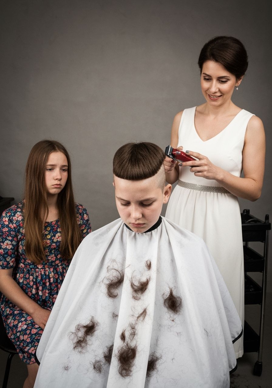 Sad Girl in Salon Chair with Beautician