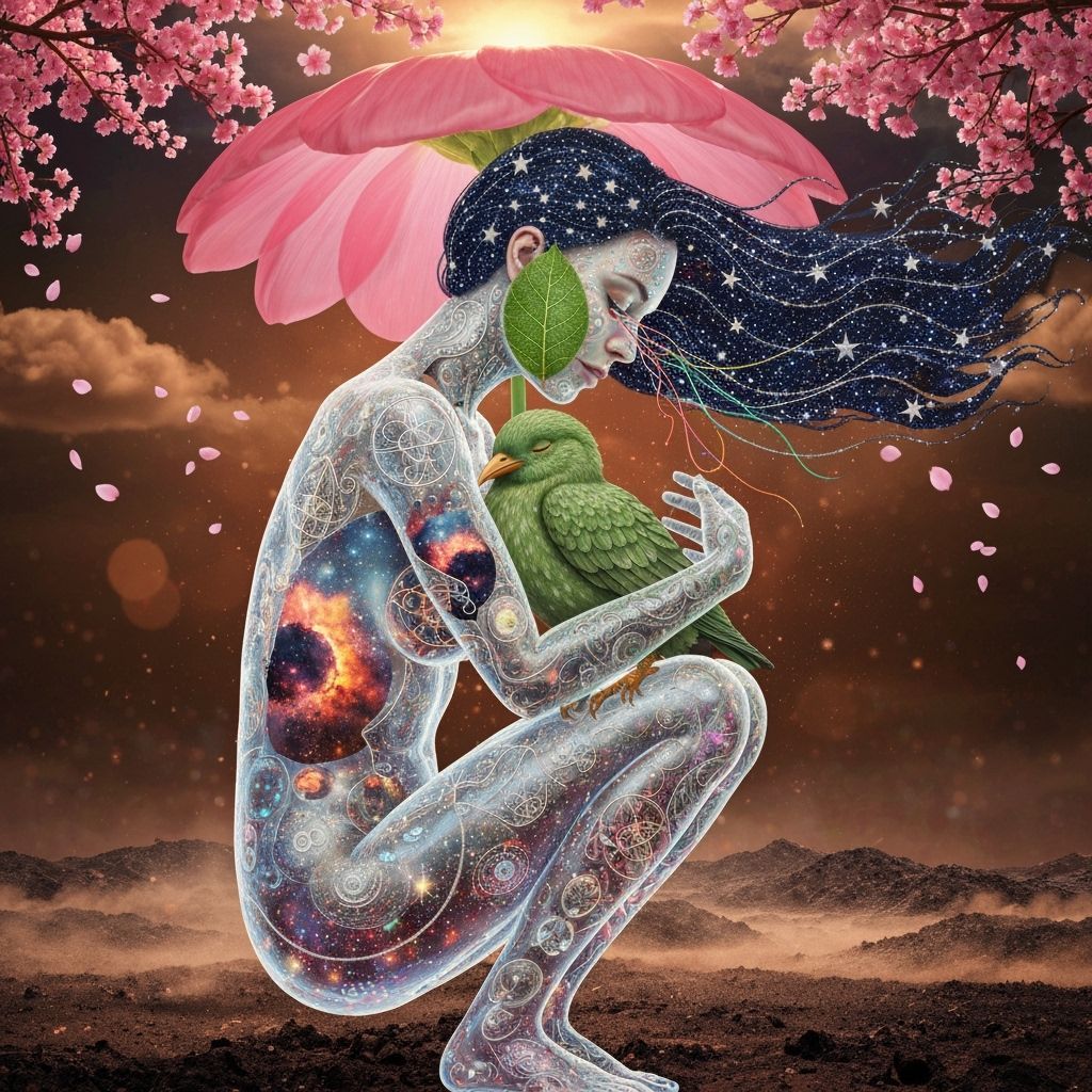 Ethereal Woman Under Bioluminescent Flower, Cosmic Collage A...