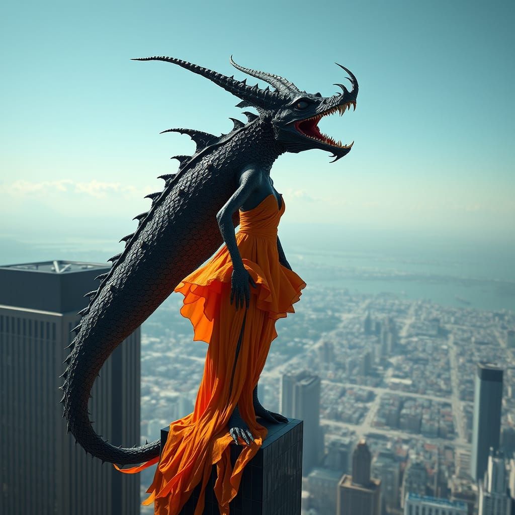 Grotesque Human-Dragon Fish in Melting Dress on Skyscraper