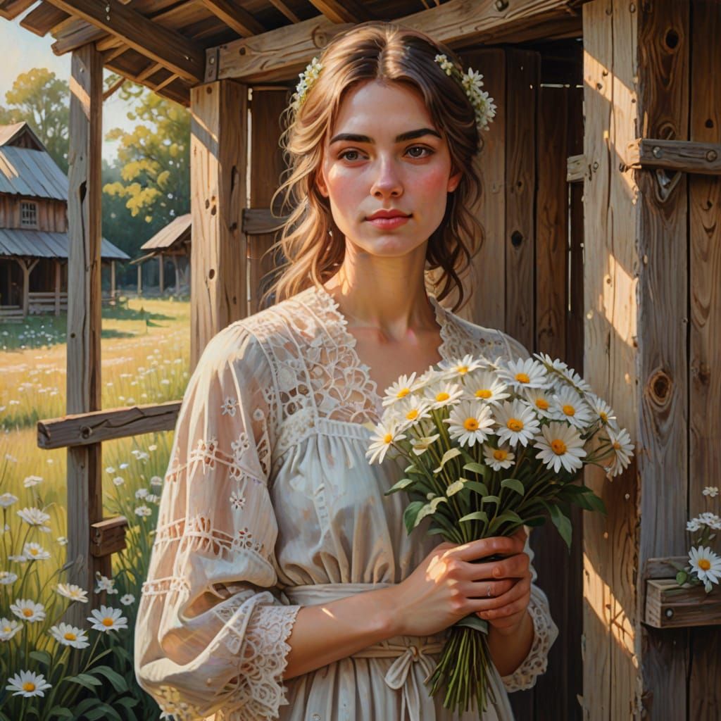 Woman with Daisies: An Impressionistic Oil Painting