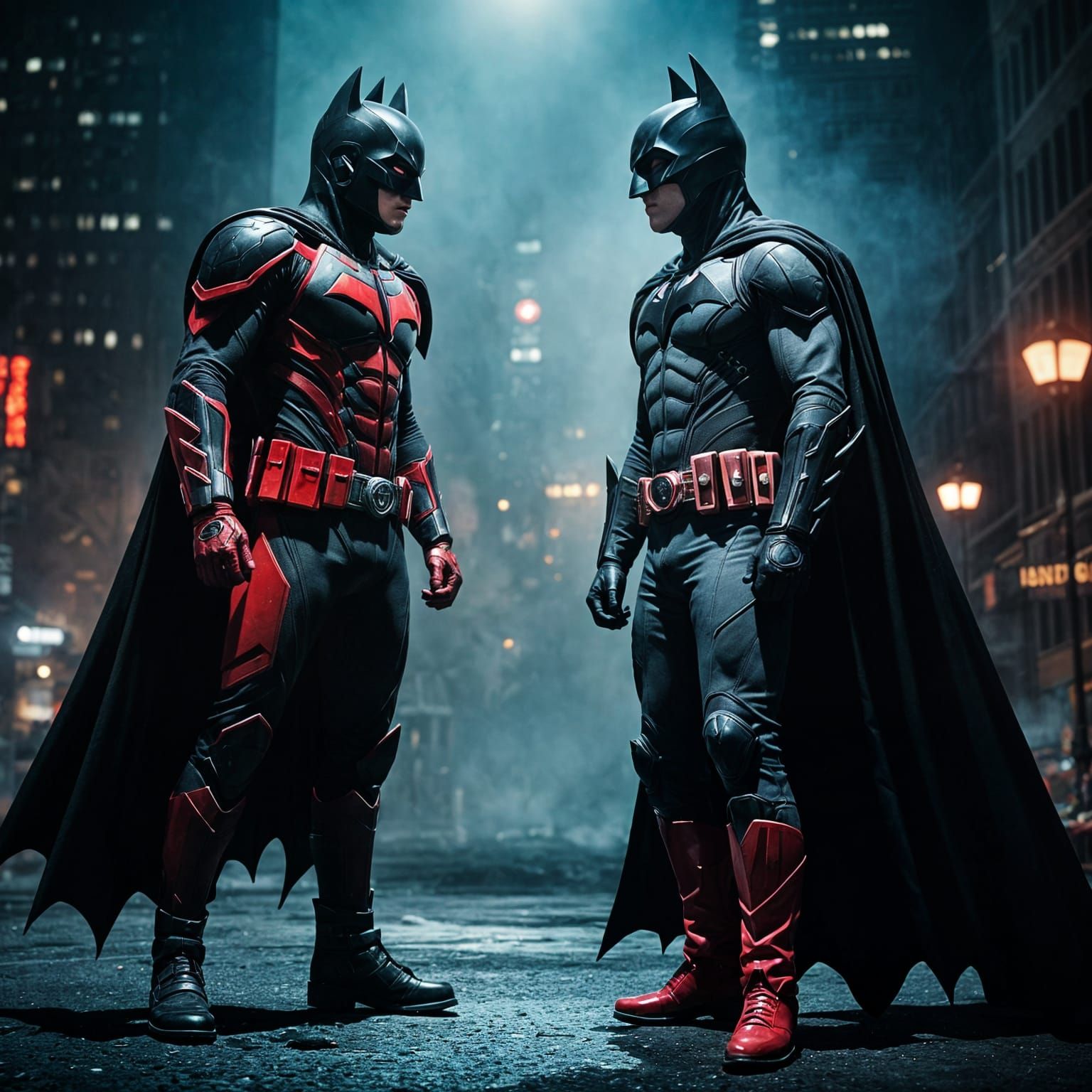 Red Ranger and Batman Face-Off in Cityscape