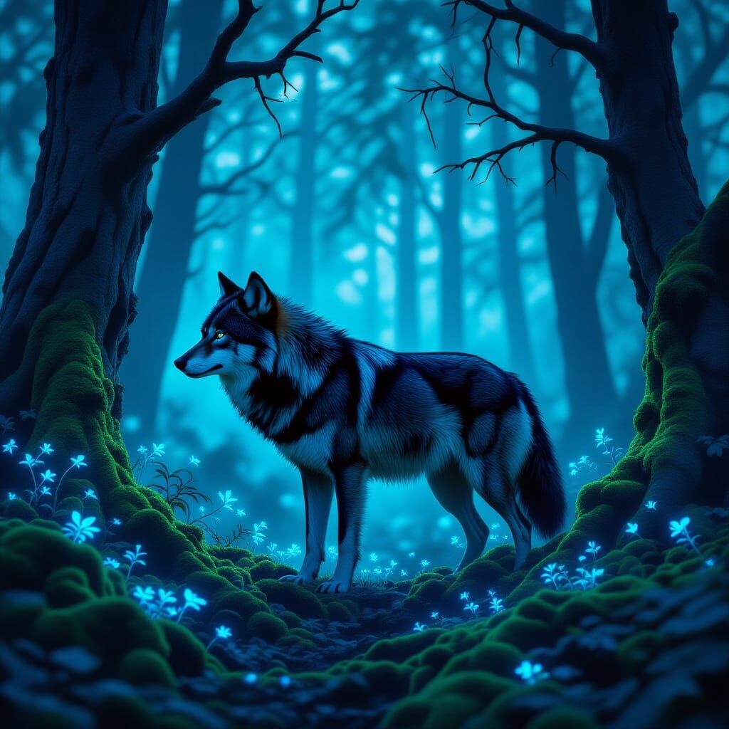 Lone Wolf Merges With Bioluminescent Forest at Twilight