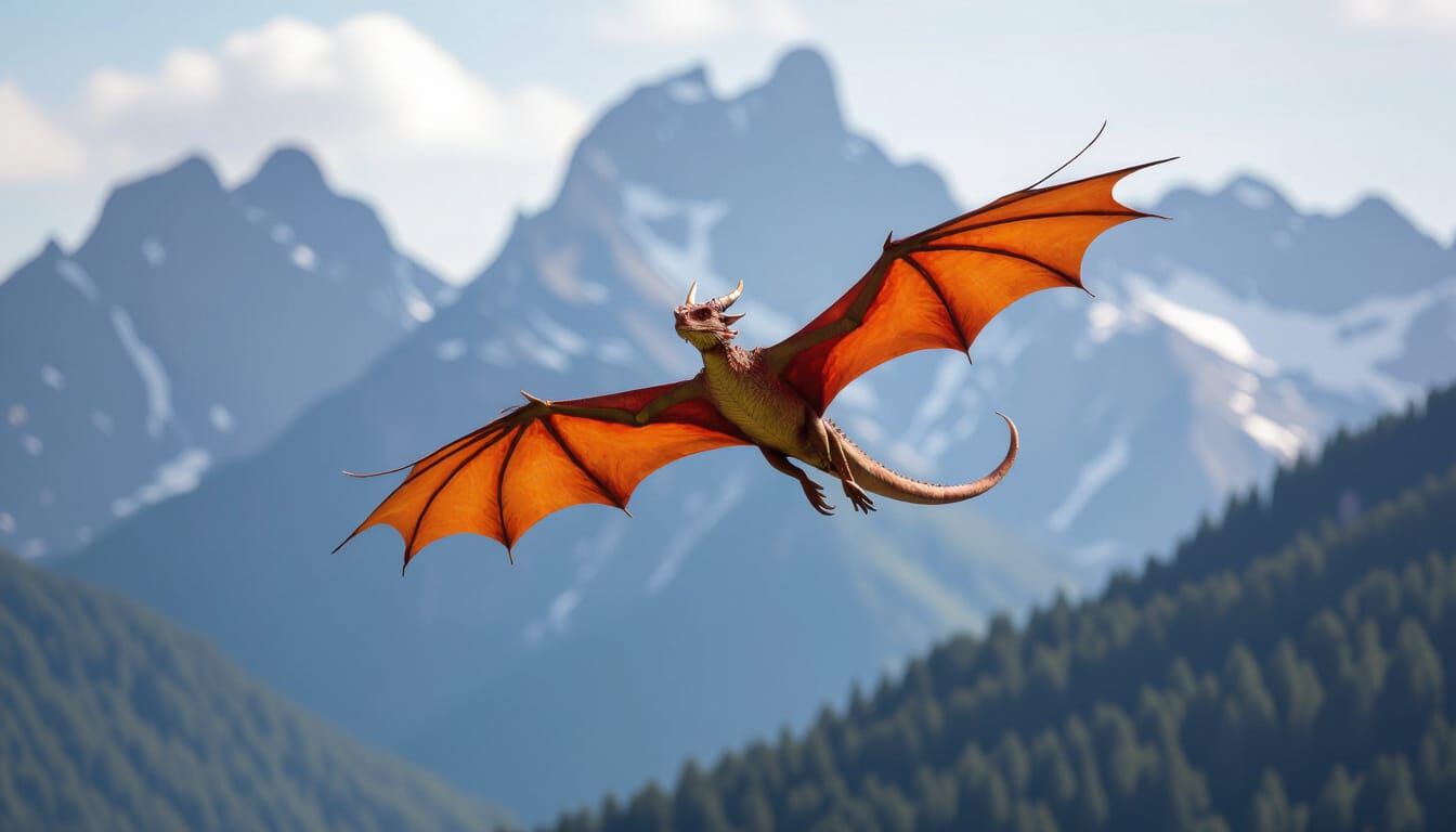Dragon Flying Over Mountain Range