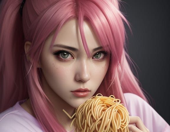 Anime Girl Eating Spaghetti in Golden Hour Lighting