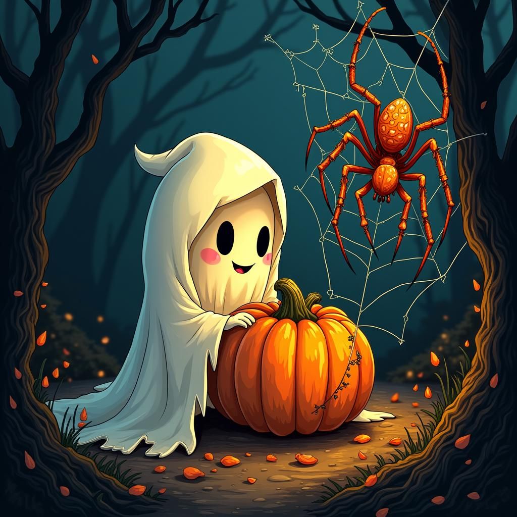 Friendly Ghost with Pumpkin in Spooky Forest