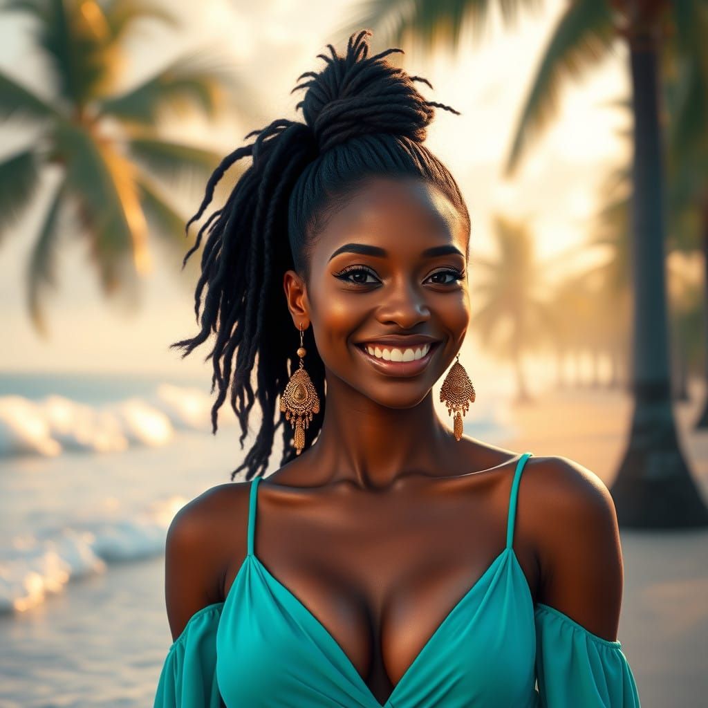 Serenely Smiling Woman in Tropical Paradise, in Hyper-Realis...