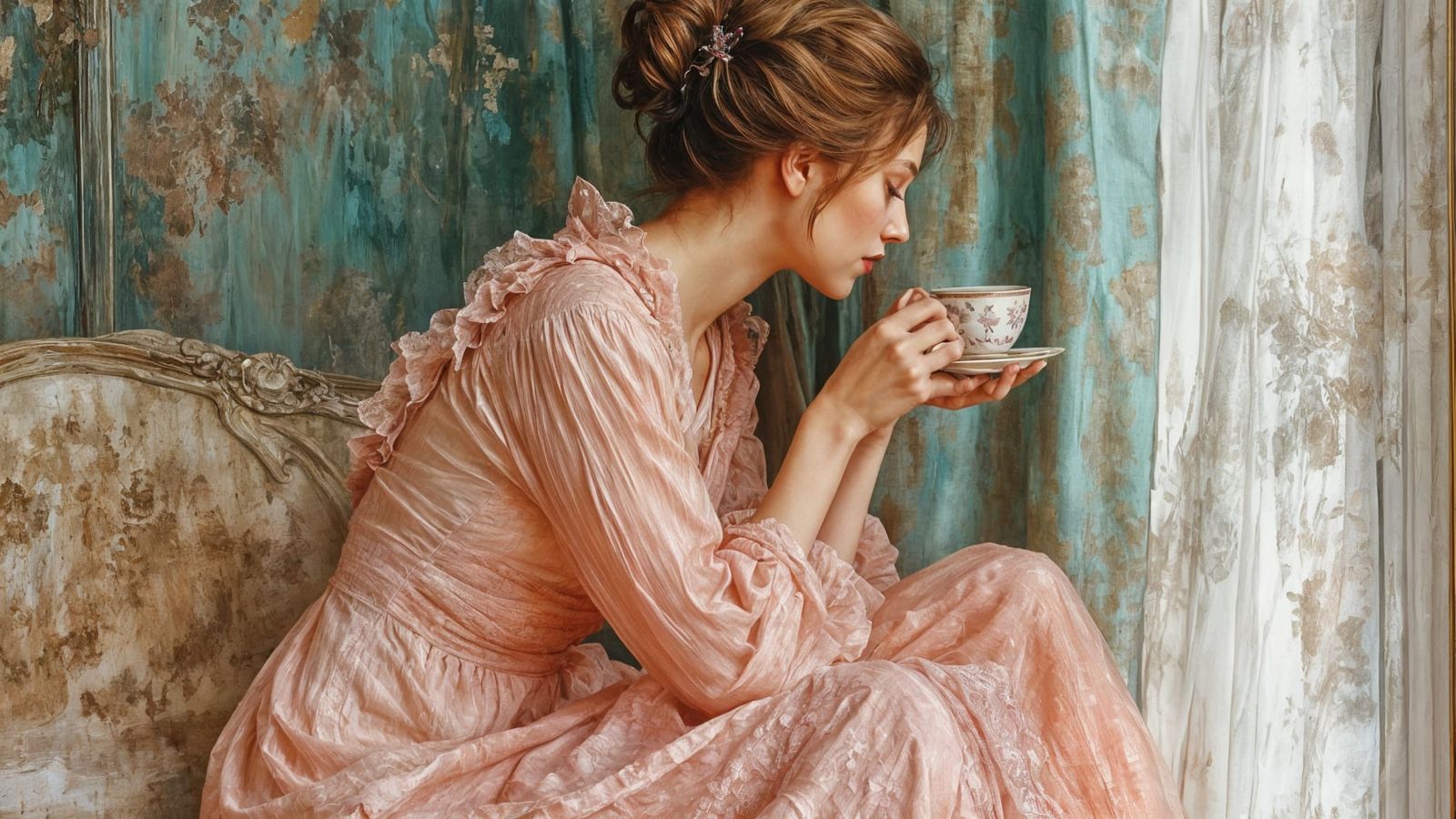 Impressionist Oil Painting of Woman with Teacup in 1896