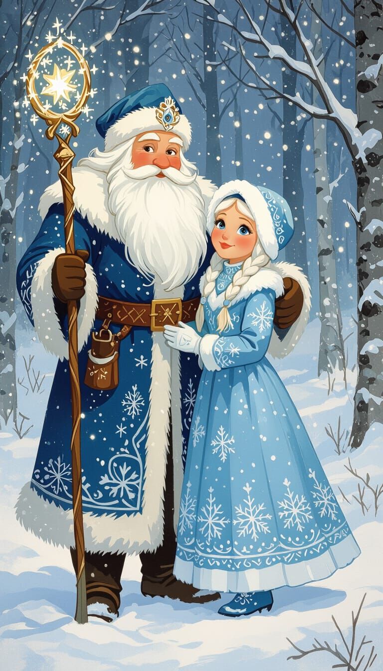 Father Frost and Snegurochka in Enchanting Forest