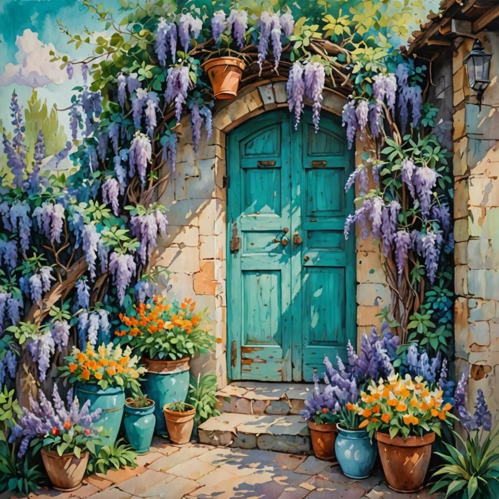 Teal Door with Wisteria in Impressionistic Style