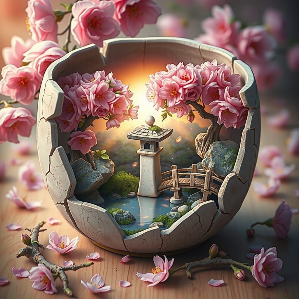 Surreal Cherry Blossom Oasis in a Weathered Ceramic Vessel