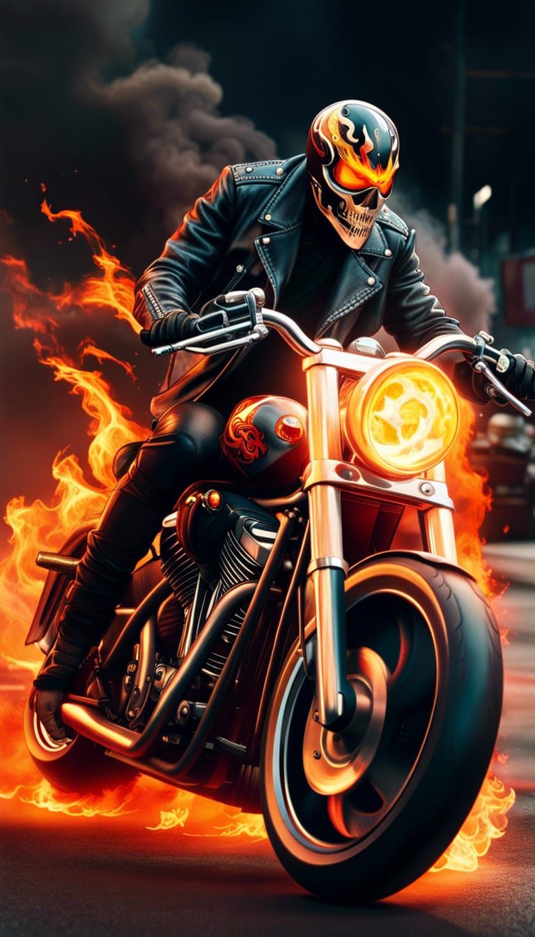 Flaming Motorcycle Close-Up: Ghost Rider Style