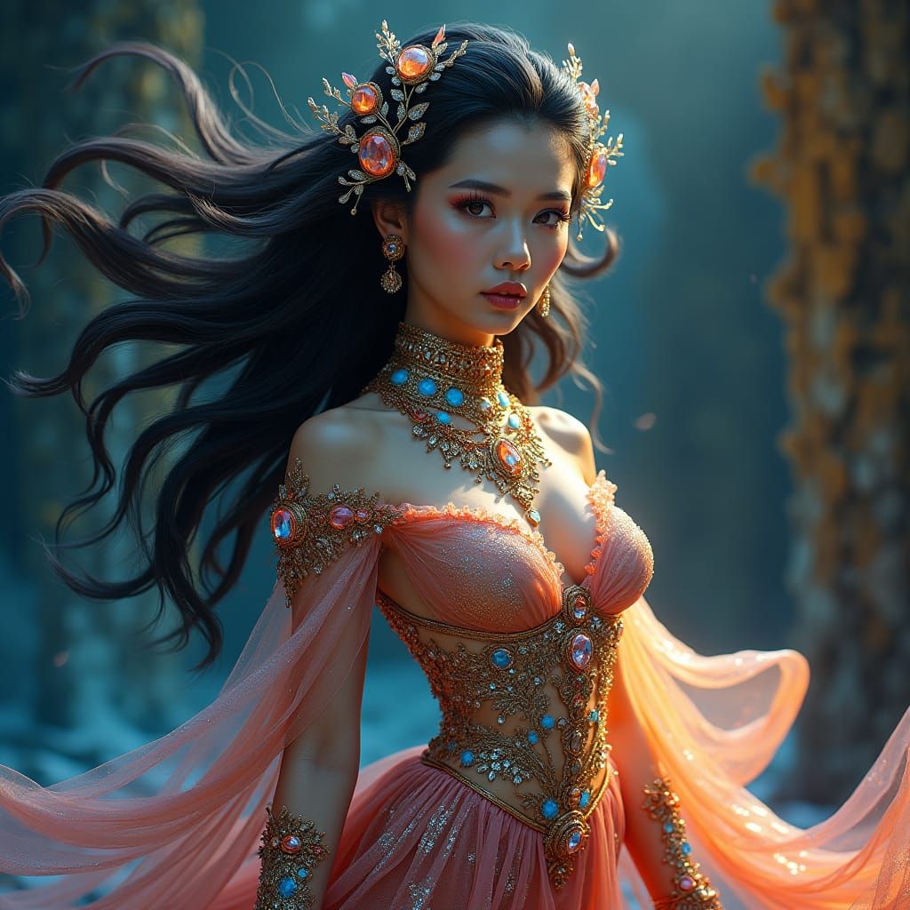 Woman in Iridescent Outfit with Jewels and Metallic Embroide...