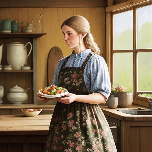 Woman with Pork Salad in Folk Art Style
