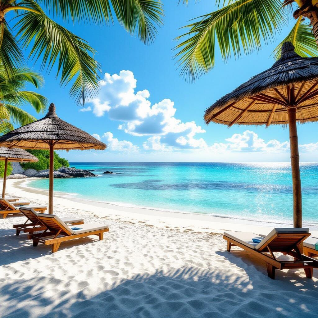 Bahamas Beach View with Rustic Straw Umbrellas