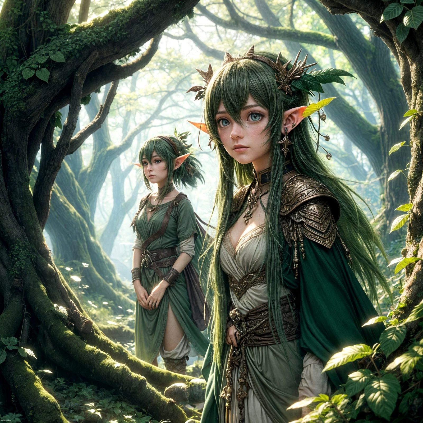 Woodland Elves in Forest: Detailed 3D Anime Art