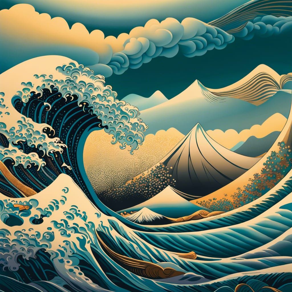 Stylized Sea Waves in Japanese Art Style
