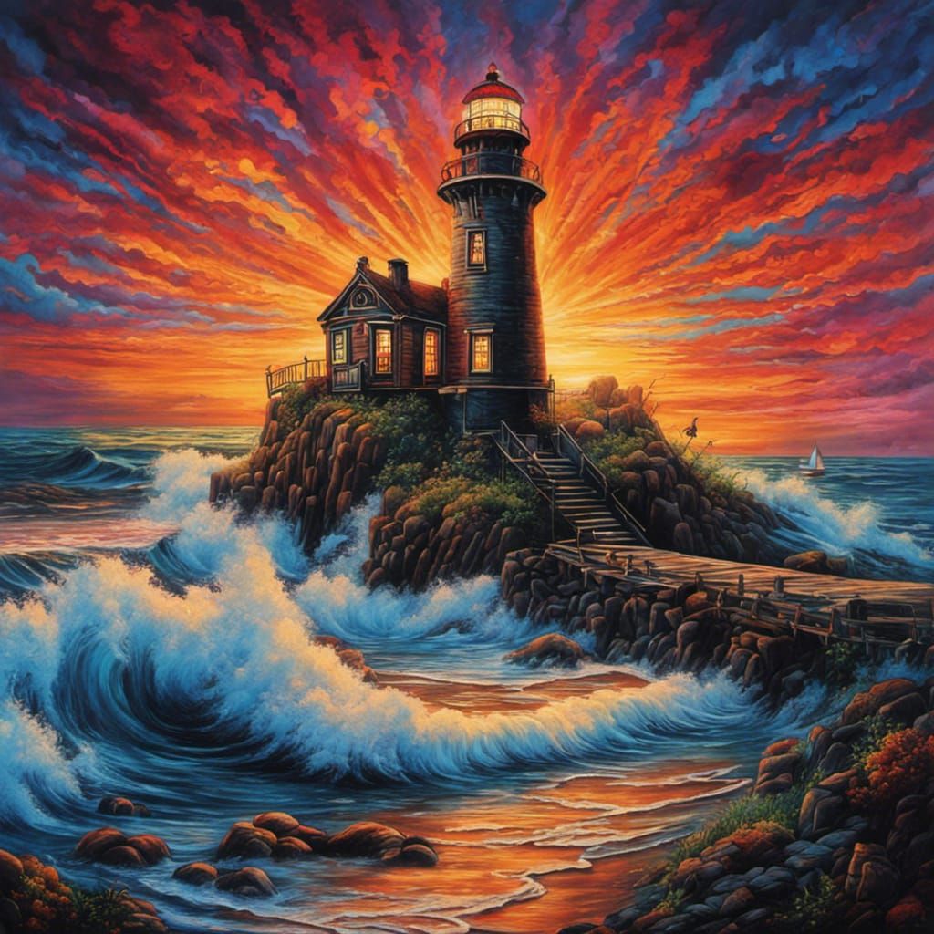 Colorful Gothic Lighthouse Sunset in a Burton Style