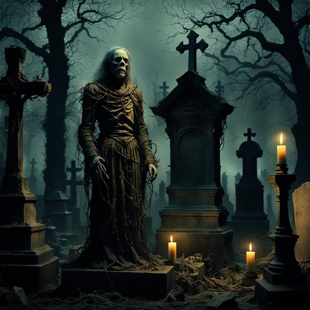 Grotesque Figure in Eerie Cemetery: Dark Fantasy