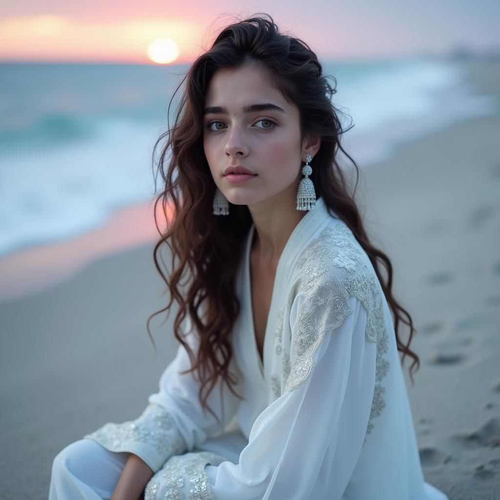 Persian Girl on Beach with Aurora Borealis