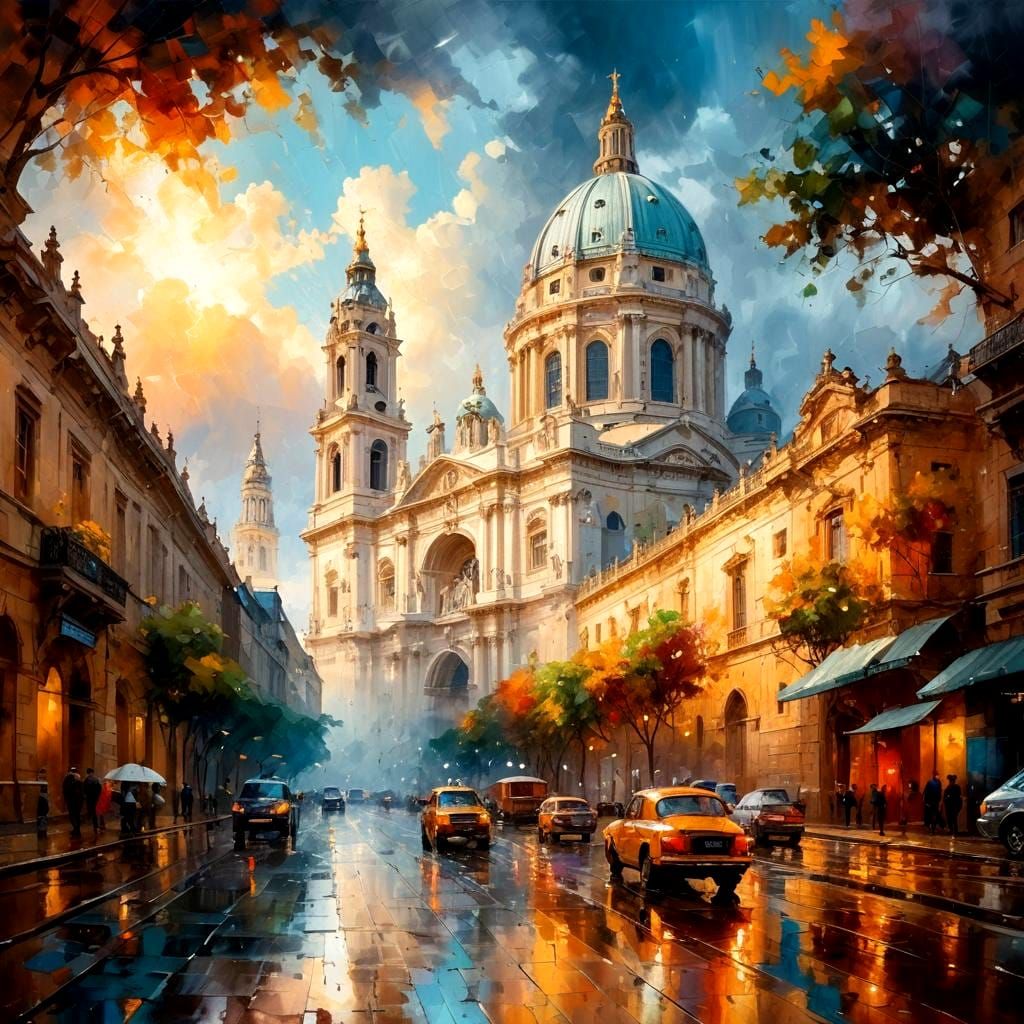 Baroque Cathedral Cityscape Under Dramatic Sky