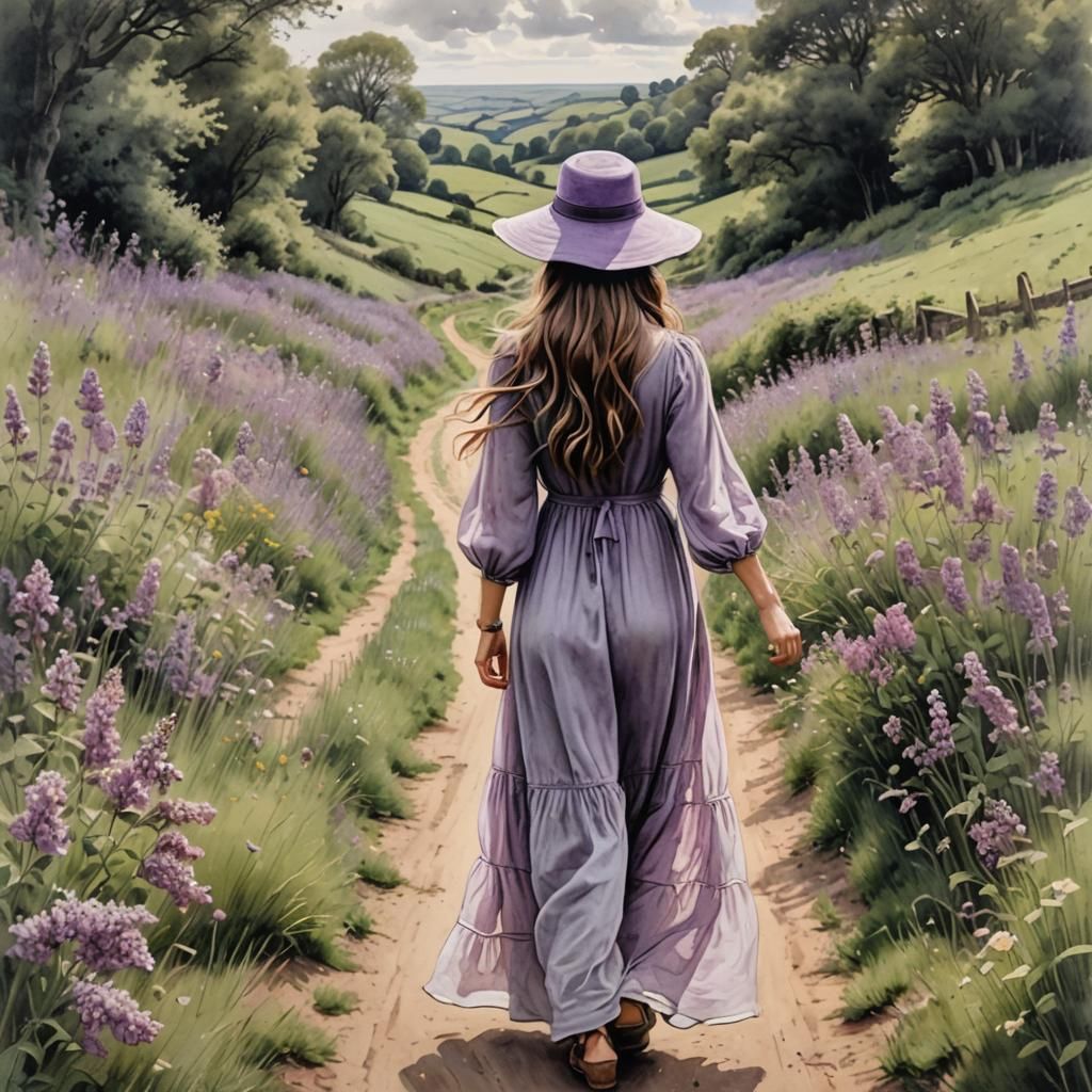 Girl in Lilac Hat Walks Country Lane