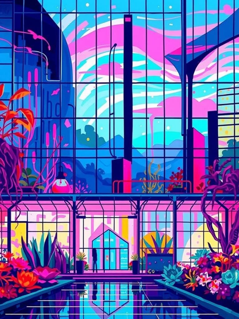 Retrofuturistic Greenhouse City with Flowers