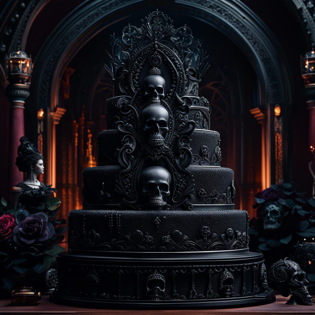 Intricate Goth Wedding Cake with Bride and Groom