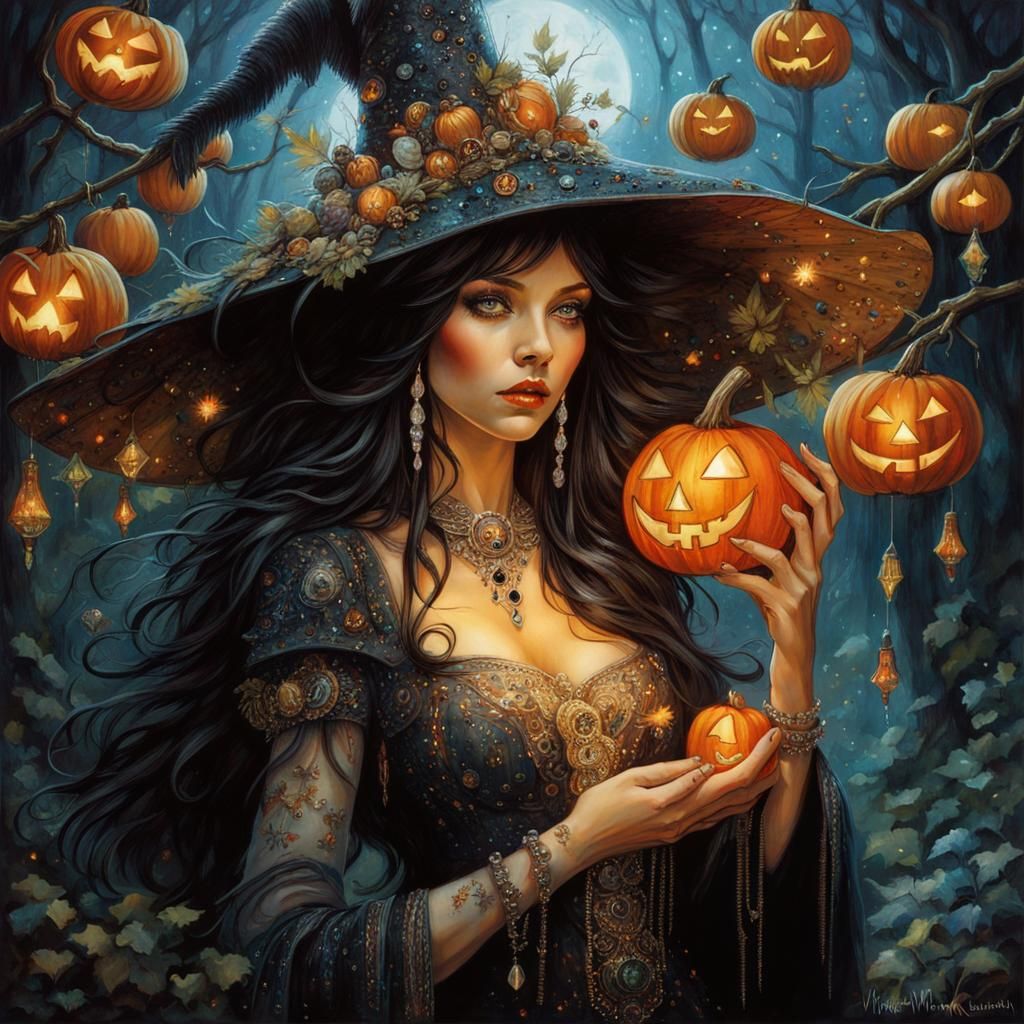Ornate Jewel Witch in Forest with Jack O'Lanterns