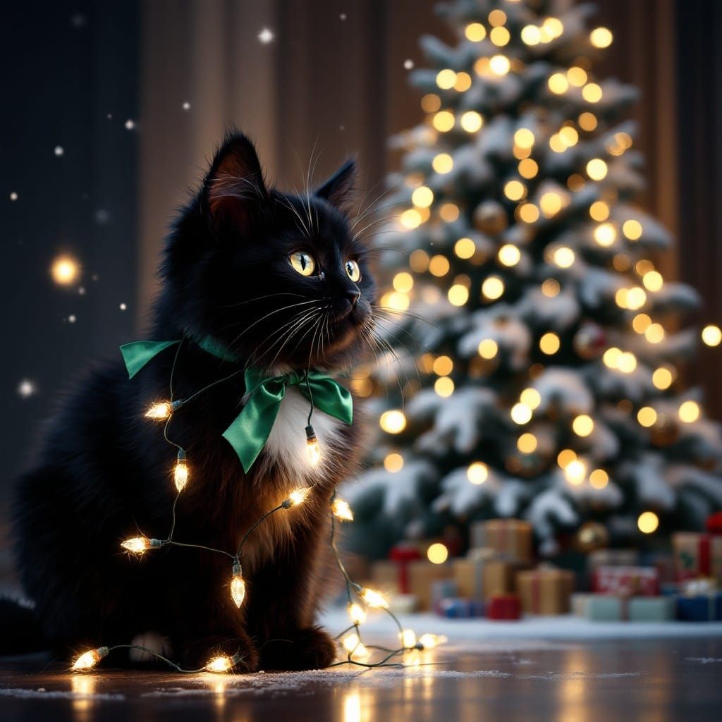 Whimsical Kitty Amidst Christmas Lights, in a Norman Rockwel...